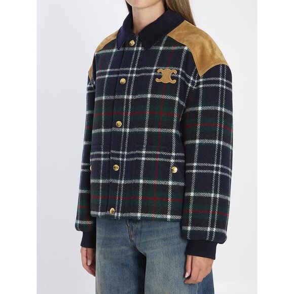 CELINE Tartan Wool Blend Varsity Jacket Women BLUE Coats & Jackets - Picture 2 of 5